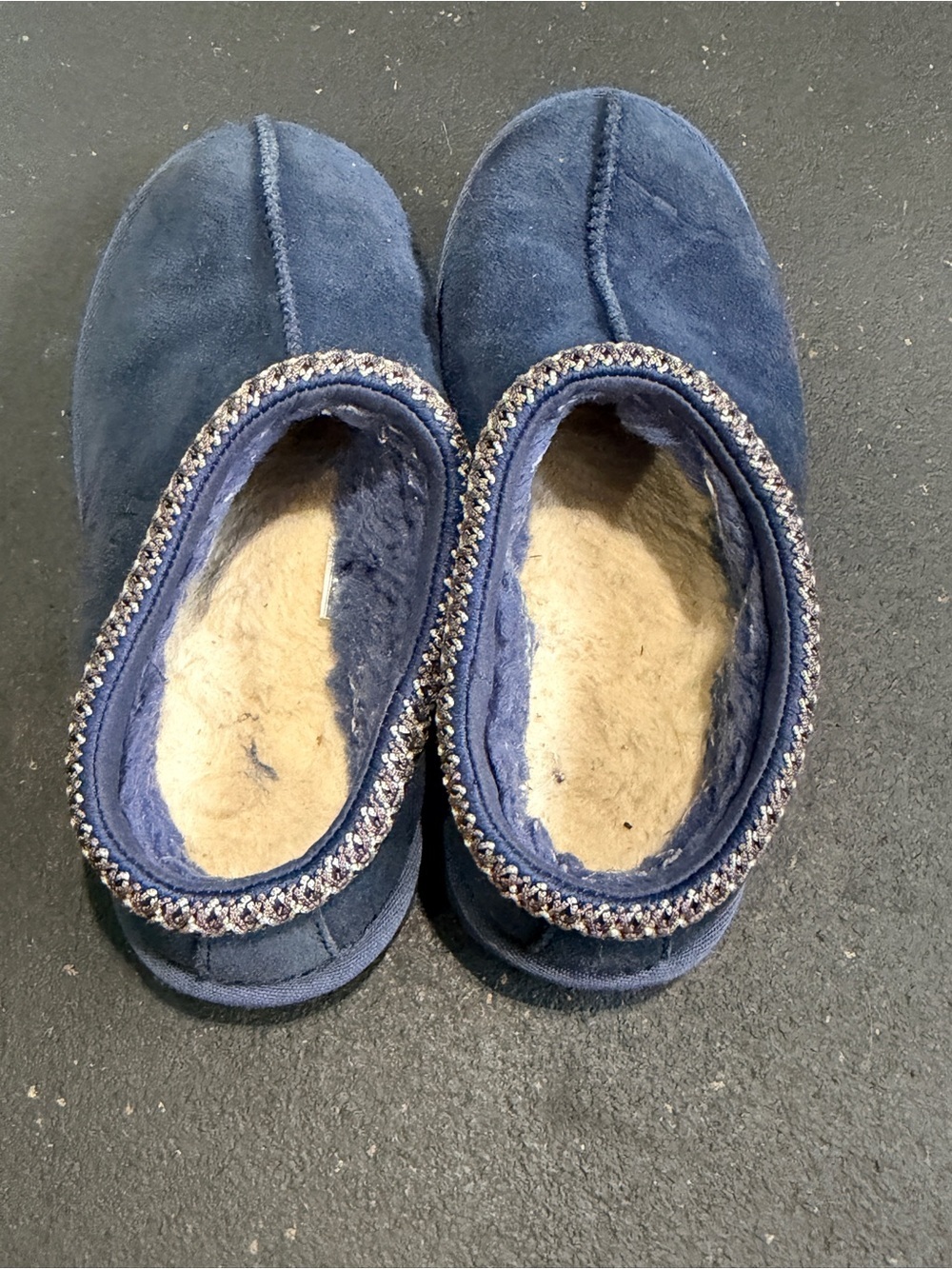 UGG Kids Size 4 Navy Suede Moccasins with Braided Trim